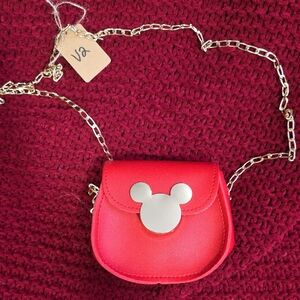 Red Crossbody Bag with Silver Minnie Mouse Logo 4x4 Inches
